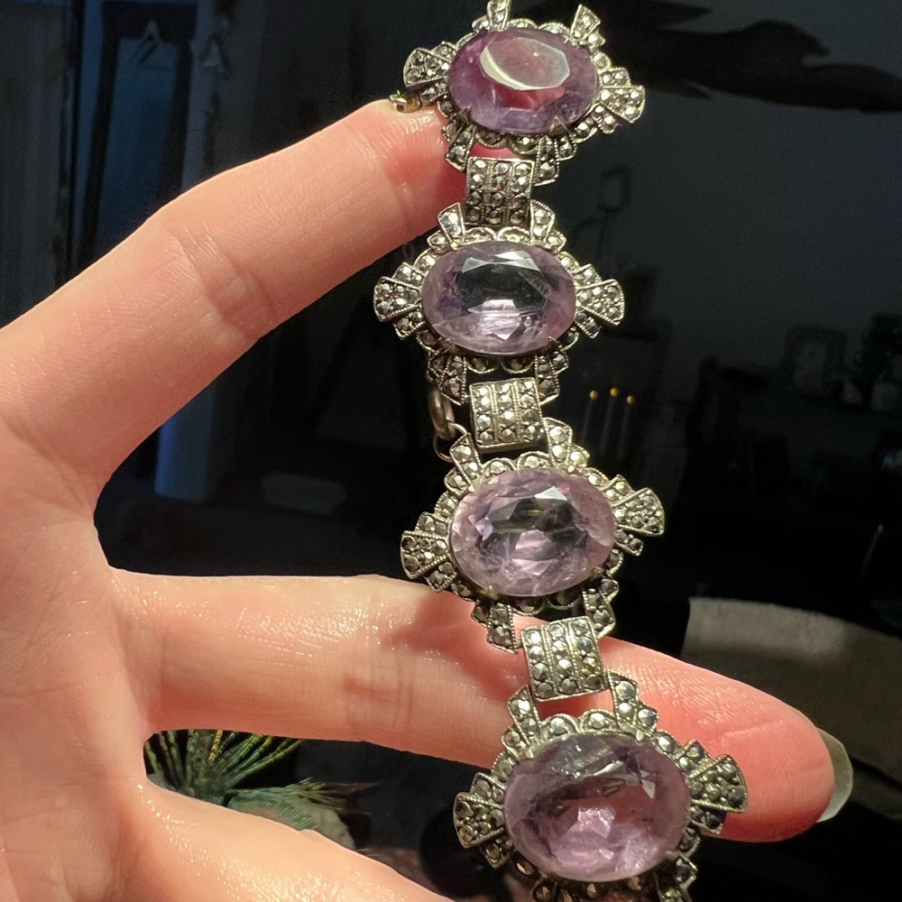GorgeousExtremely Rare Art Deco age real Silver Amethyst Bracelet View all pics